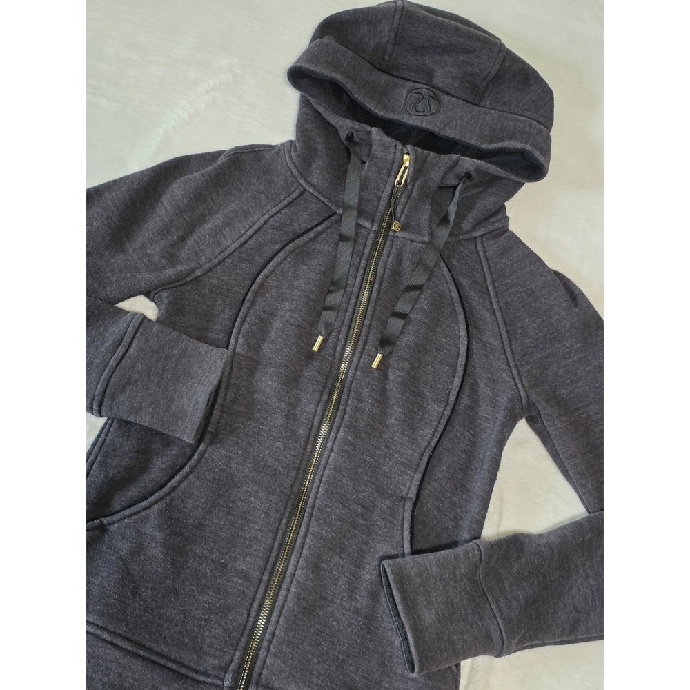 Lululemon Plush Scuba Hoodie Full Zip Heathered Charcoal Gray Gold Hardware Sz 2